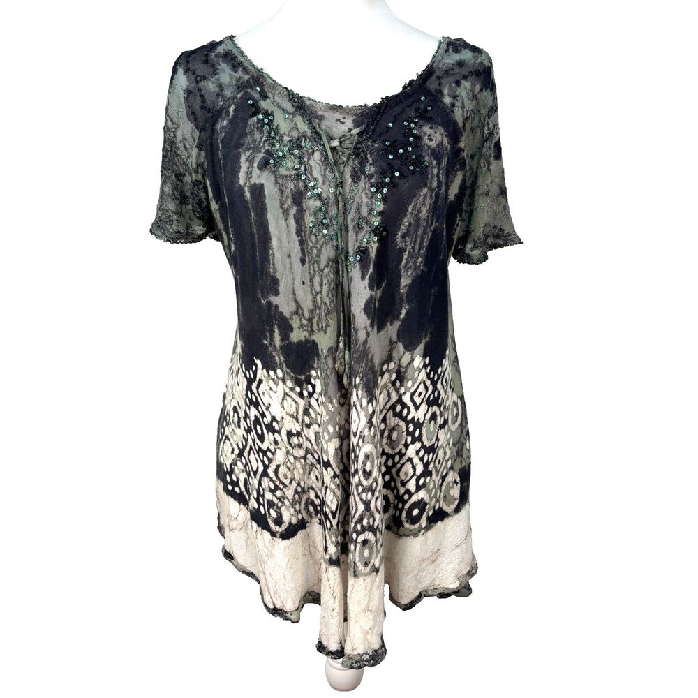 Advance Apparels Tunic Top Women OS Sequin Embroidered Gauzy Boho Whimsigoth